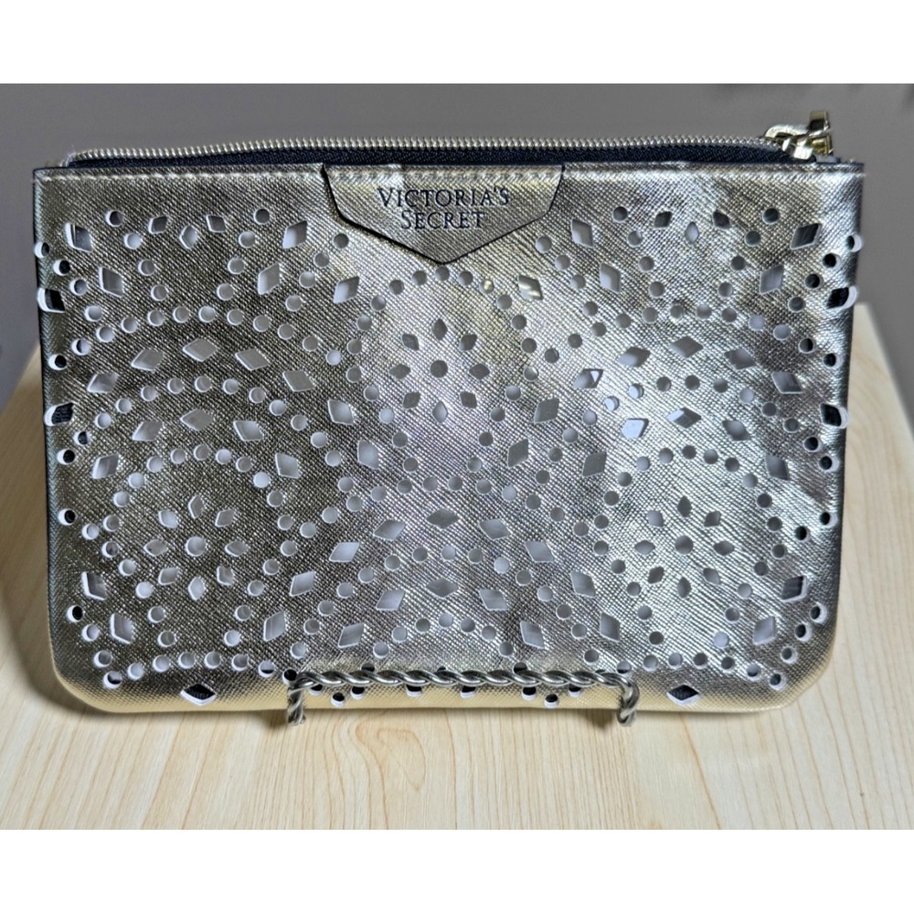 Victoria's Secret Metallic Gold Laser Cut Clutch Beauty Pouch Bag